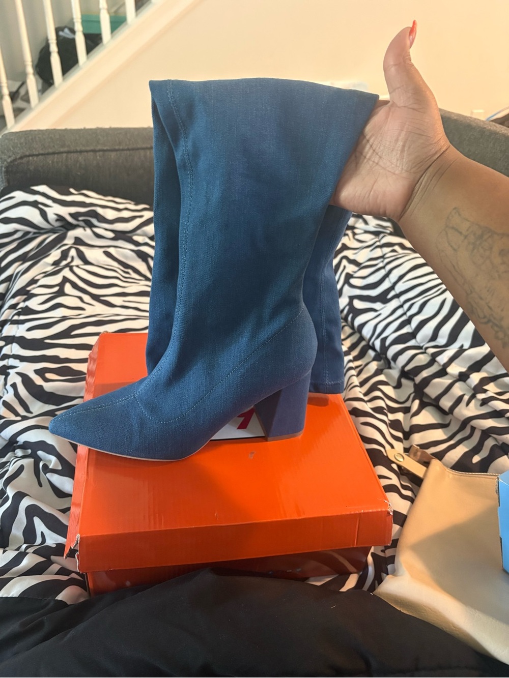 Blue Mid-Calf Block Heel Women's Boots